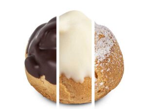 tre bignoline assortite, cioccolato, crema e chantilly